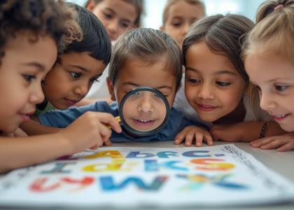 Kinder beobachten mit Lupe Buchstaben