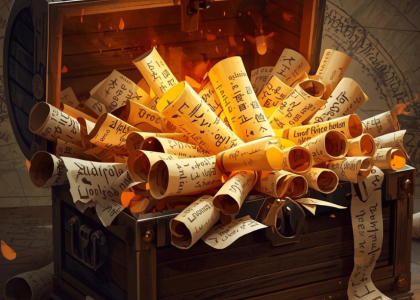 Schatzkiste mit Schriftrollen in vielen Sprachen